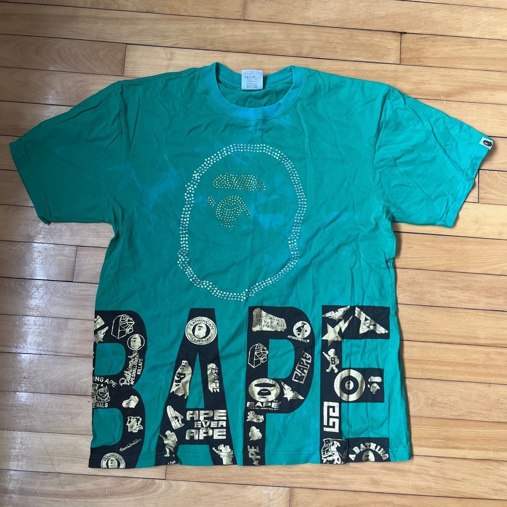A Bathing Ape BAPE Rhinestone Ape Head Graphic T-Shirt Green Mens Large Japan